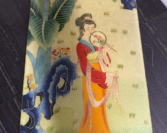 Vintage chinesische Cloisonné Emaille Tafel Plaque Frau Figur Goldvergoldung 16 ”