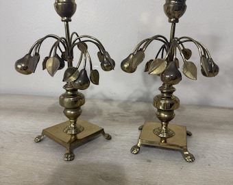 Vintage Mottahedeh Brass Pear Tree Candlestick Holders - a Pair