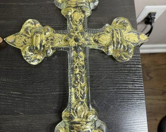 Vintage genomskinligt glasväggkors guldförgylld fleur de lis
