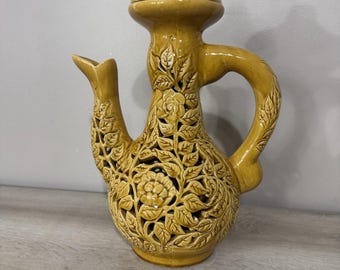Large 16” Chinese Reticulated Ceramic Teapot Yellow Glaze Pierced Floral