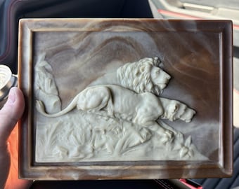 VTG Dante American Walnut Incolay Jewelry Valet Box Carved Lion Lioness Stone