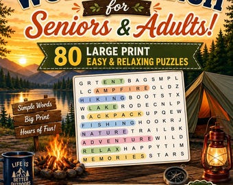 Woordzoekpuzzel met kampeerthema voor senioren, 80 makkelijke puzzels in grote letters (PDF-download)