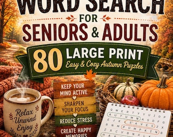 Op de afbeelding: Een herfst-woordzoekboek voor senioren en volwassenen met grote letters. De omslag toont herfstbladeren, een dampende mok, pompoenen en een puzzelrooster met omcirkelde woorden zoals Autumn, Leaves, Pumpkin, Harvest, Cider en Falling.