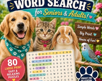 Woordzoekpuzzel met huisdieren en dieren voor senioren, 80 makkelijke puzzels in grote letters (PDF-download)