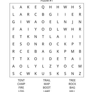 Op de afbeelding: Een witte woordzoeker met de titel "Puzzle #1" met een raster van letters en een lijst met woorden eronder. De woorden zijn onder meer "TENT", "CAMP", "FIRE", "LOG", "TRAIL", "MAP", "BOOT", "LAKE", "TREE", "ROCK", "BAG" en "HILL".