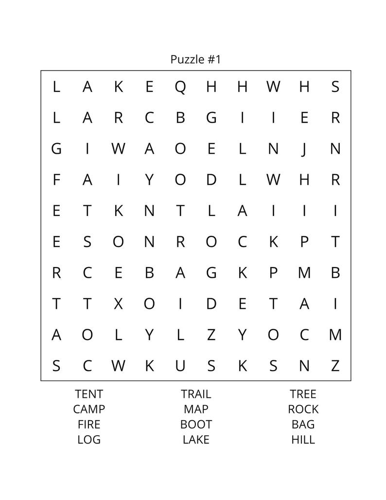 Op de afbeelding: Een witte woordzoeker met de titel "Puzzle #1" met een raster van letters en een lijst met woorden eronder. De woorden zijn onder meer "TENT", "CAMP", "FIRE", "LOG", "TRAIL", "MAP", "BOOT", "LAKE", "TREE", "ROCK", "BAG" en "HILL".