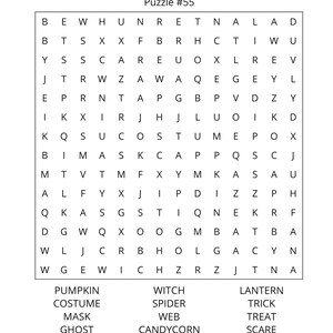 Op de afbeelding: Een witte woordzoeker met Halloween-thema, getiteld "Puzzle #55". De puzzel bevat woorden als "pompoen", "kostuum" en "geest". De woorden staan onder de raster.