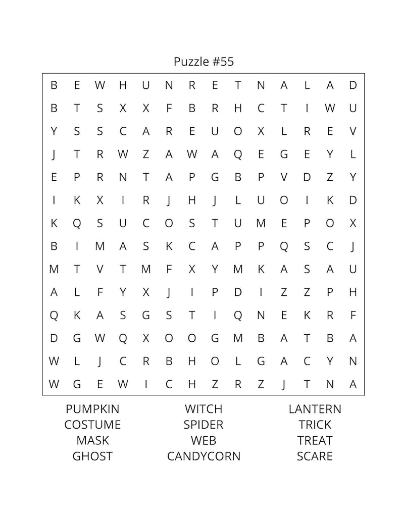 Op de afbeelding: Een witte woordzoeker met Halloween-thema, getiteld "Puzzle #55". De puzzel bevat woorden als "pompoen", "kostuum" en "geest". De woorden staan onder de raster.