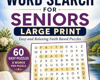 Op de afbeelding: Een Bijbel Woordzoeker boek voor senioren met grote letters. De cover toont de titel, een woordzoekpuzzel en een open boek. Het boek belooft gemakkelijke en ontspannende op geloof gebaseerde puzzels, met 60 puzzels en 8 woorden per puzzel.