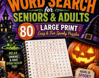 Op de afbeelding: Een Halloween-woordzoekboek voor senioren en volwassenen met grote letters. De omslag toont een spiraalgebonden puzzelpagina, een pompoen met een heksenhoed, een ketel en diverse Halloween-decoraties op een houten ondergrond.