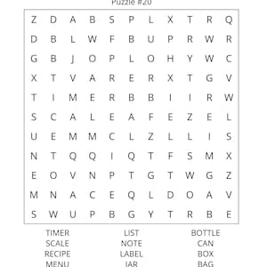 Op de afbeelding: Een witte woordzoeker met het label "Puzzle #20" met een raster van letters en een lijst met woorden om te vinden: timer, scale, recipe, menu, list, note, label, jar, bottle, can, box en bag.
