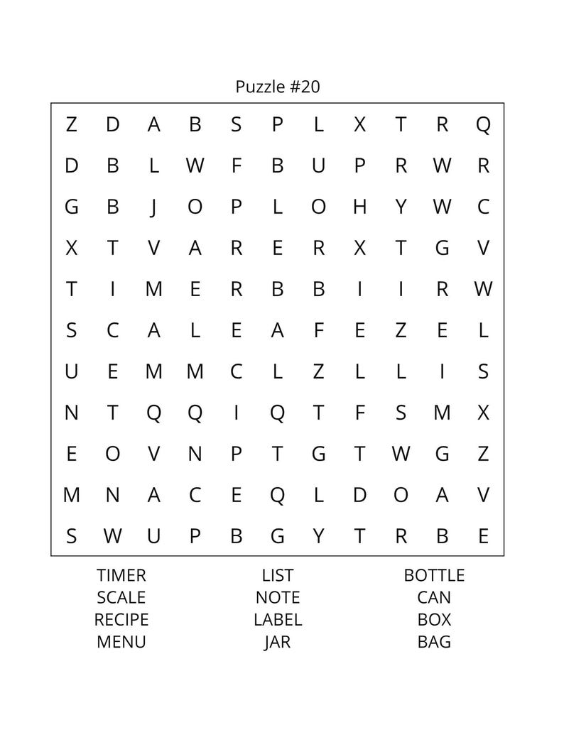 Op de afbeelding: Een witte woordzoeker met het label "Puzzle #20" met een raster van letters en een lijst met woorden om te vinden: timer, scale, recipe, menu, list, note, label, jar, bottle, can, box en bag.