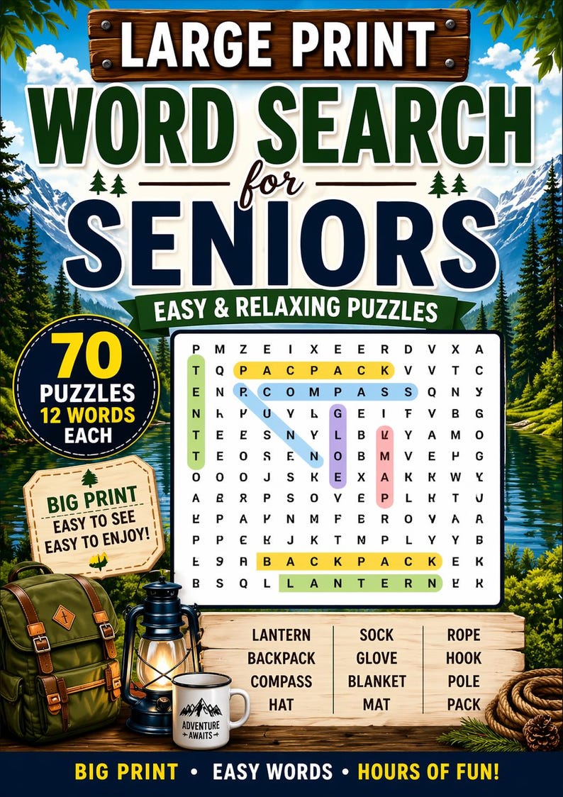 Op de afbeelding: Een woordzoekpuzzelboek voor senioren met grote letters. De omslag toont een woordzoekraster, een rugzak, een lantaarn en een mok. De tekst luidt "Grote letter Woordzoekers voor senioren".
