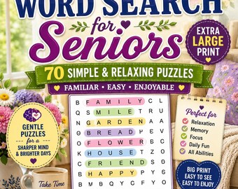 Eenvoudige woordzoeker voor senioren, 70 puzzels in grote letters (pdf-download)