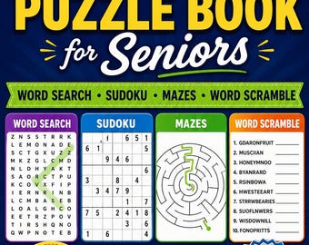 Op de afbeelding: Een puzzelboek met grote letters voor senioren, met woordzoekers, sudoku's, doolhoven en woordkrakers. De omslag is marineblauw met gele en witte tekst en bevat verschillende soorten puzzels voor hersengymnastiek.