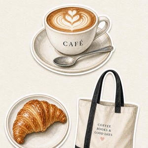 May include: Illustration of cafe essentials: a coffee cup with latte art, a croissant on a plate, and a tote bag with text. The coffee cup has the word "Café" on it. The tote bag has the text "Coffee Books & Good Days".