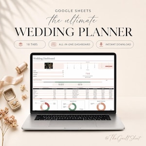 May include: A laptop displaying a wedding planner spreadsheet from Google Sheets. The screen shows a dashboard with budget details and charts. The text on the screen reads "Wedding Dashboard." The image also includes a ring box, rings, and decorative elements.