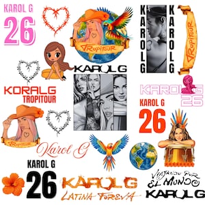 Pode incluir: Uma coleção de gráficos temáticos de Karol G. Inclui o número 26 em rosa e preto, desenhos de coração, ilustrações de Karol G, uma arara e as palavras "TROPITOUR", "KORALG" e "LATINA FOREVA".