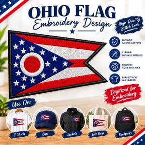 May include: An Ohio flag embroidery design featuring a triangular pennant shape with red and white horizontal stripes, a blue triangle, and white stars surrounding a central white circle with a red center, shown on various apparel and accessories.