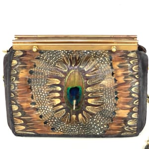 Vintage 70s Peacock Feather Purse Boho Box Bag Chain Strap Structured