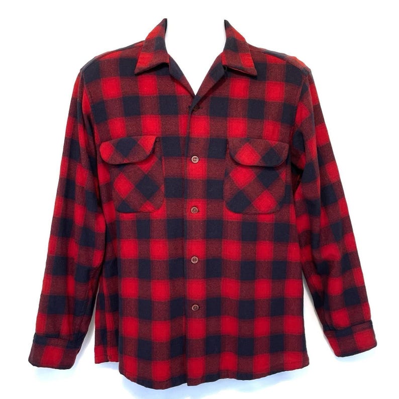 Vintage 60s Pendleton Board Shirt Mens L Red Navy Wool Plaid Loop Collar image 2