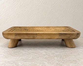 Vintage Footed Wood Tray 12" Carved Primitive Farmhouse Rustic Platter Riser
