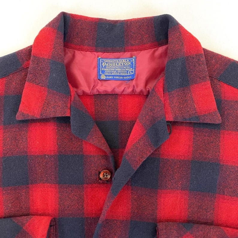 Vintage 60s Pendleton Board Shirt Mens L Red Navy Wool Plaid Loop Collar image 5