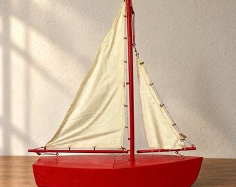 Vintage Wooden Pond Yacht Sailboat Red Hull Cloth Sails Nautical Decor 18.75"