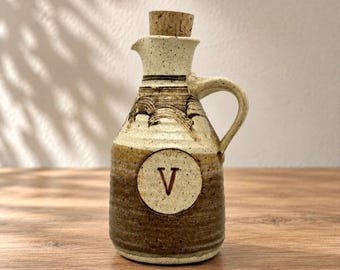 Vintage Studio Pottery Oil Vinegar Cruet Cork Stopper Brown Cream Signed