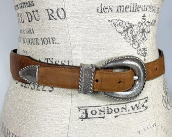 Vintage 1994 Justin USA Brown Leather Western Belt Silver Tone Buckle Size 32