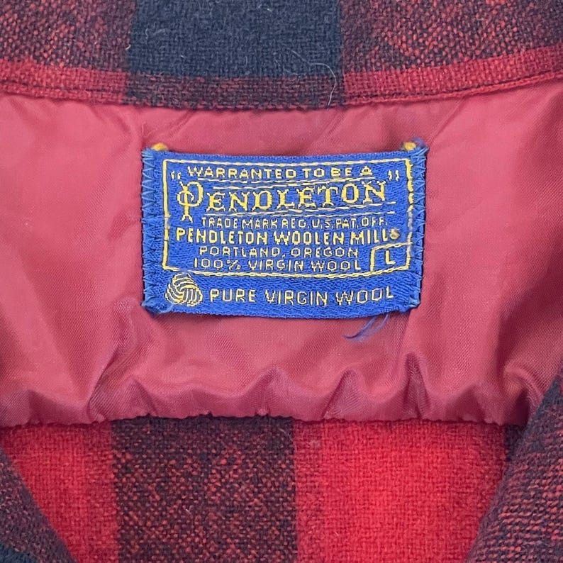 Vintage 60s Pendleton Board Shirt Mens L Red Navy Wool Plaid Loop Collar image 9