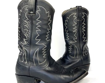 Vintage Bona Allen Black Leather Western Cowboy Boots Mens 8 D Narrow Shaft