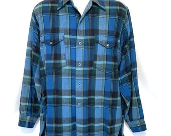 Vintage 60s Pendleton Board Shirt Mens Large 16 Blue Green Plaid Wool