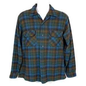 Vintage 60s Pendleton Board Shirt Mens L Blue Brown Plaid Wool Loop Collar