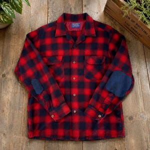 Vintage 60s Pendleton Board Shirt L Red Navy Buffalo Plaid Wool USA Loop