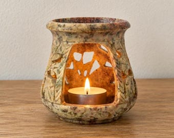 Vintage Carved Soapstone Votive Candle Holder Openwork Leaf Foliage Boho Decor