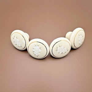 Vintage Floral Ceramic Cabinet Knobs Set of 4 Ivory Gold 1.5" Drawer Pulls