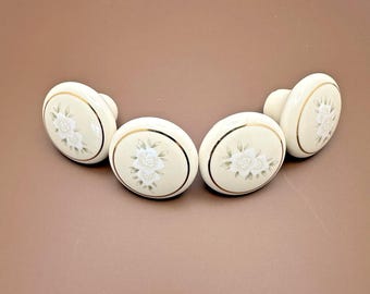 Vintage Floral Ceramic Cabinet Knobs Set of 4 Ivory Gold 1.5" Drawer Pulls