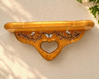 Vintage Wood Wall Shelf Heart Cutout Floral Butterfly Cottage Country Decor