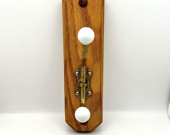 Vintage Wood Wall Coat Hat Hook Brass Double Hanger White Porcelain Knobs 11"