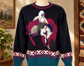Vintage 90s GANT Hand Intarsia Bison Rider Southwestern Sweater Mens L NWT