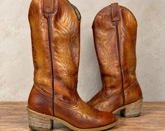Vintage Acme Womens 6.5 Cognac Leather Cowboy Boots Western Stitched Tall