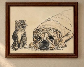 Vintage 1980 B Panzer Bulldog Tabby Cat Framed Montana Sketch Art 17.5"