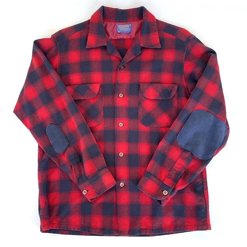 Vintage 60s Pendleton Board Shirt Mens L Red Navy Wool Plaid Loop Collar image 1