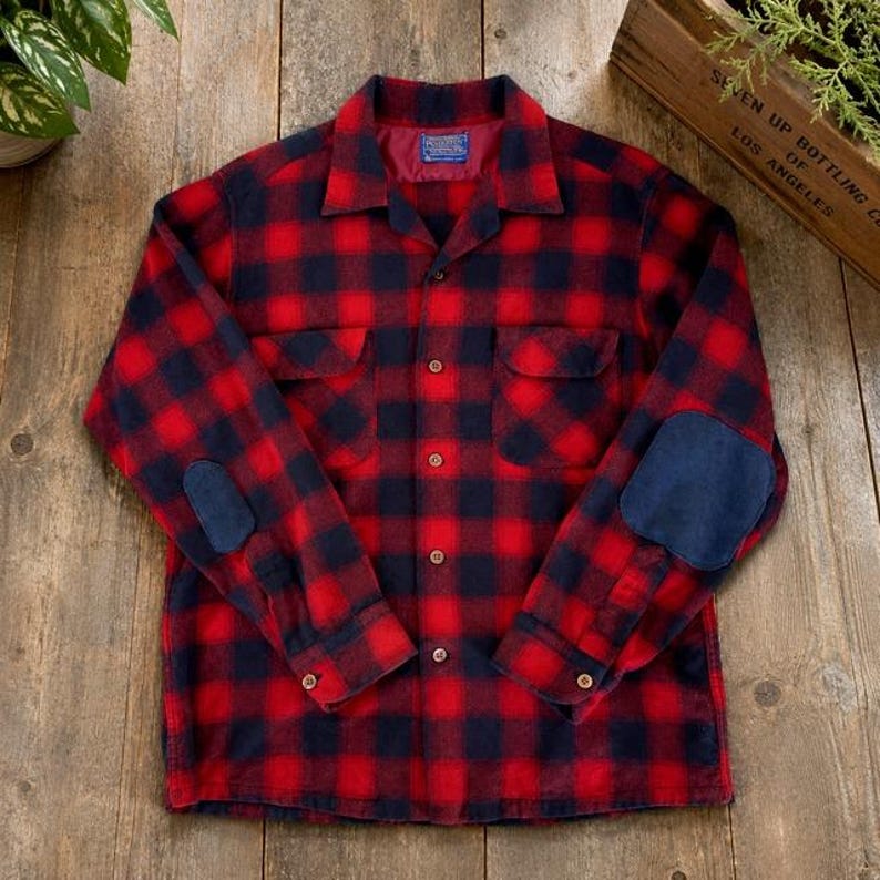 Vintage 60s Pendleton Board Shirt Mens L Red Navy Wool Plaid Loop Collar image 14