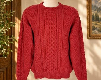 Vintage LL Bean Mens M Red 100% Wool Cable Knit Sweater Made USA Crewneck