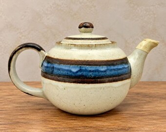 Vintage Otagiri Horizon Stoneware Teapot Japan Blue Brown Stripe 5 Cup