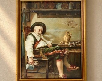 Vintage German Tavern Genre Art Print Beer Stein Smoking Pipe Gold Frame 12x15