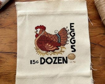 Completed Hen Cross Stitch Farmhouse Folk Art 15c Dozen Eggs Needlework