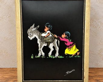 Ramiro Trigueros Signed Vintage Folk Art Donkey Children Framed 14.5x11